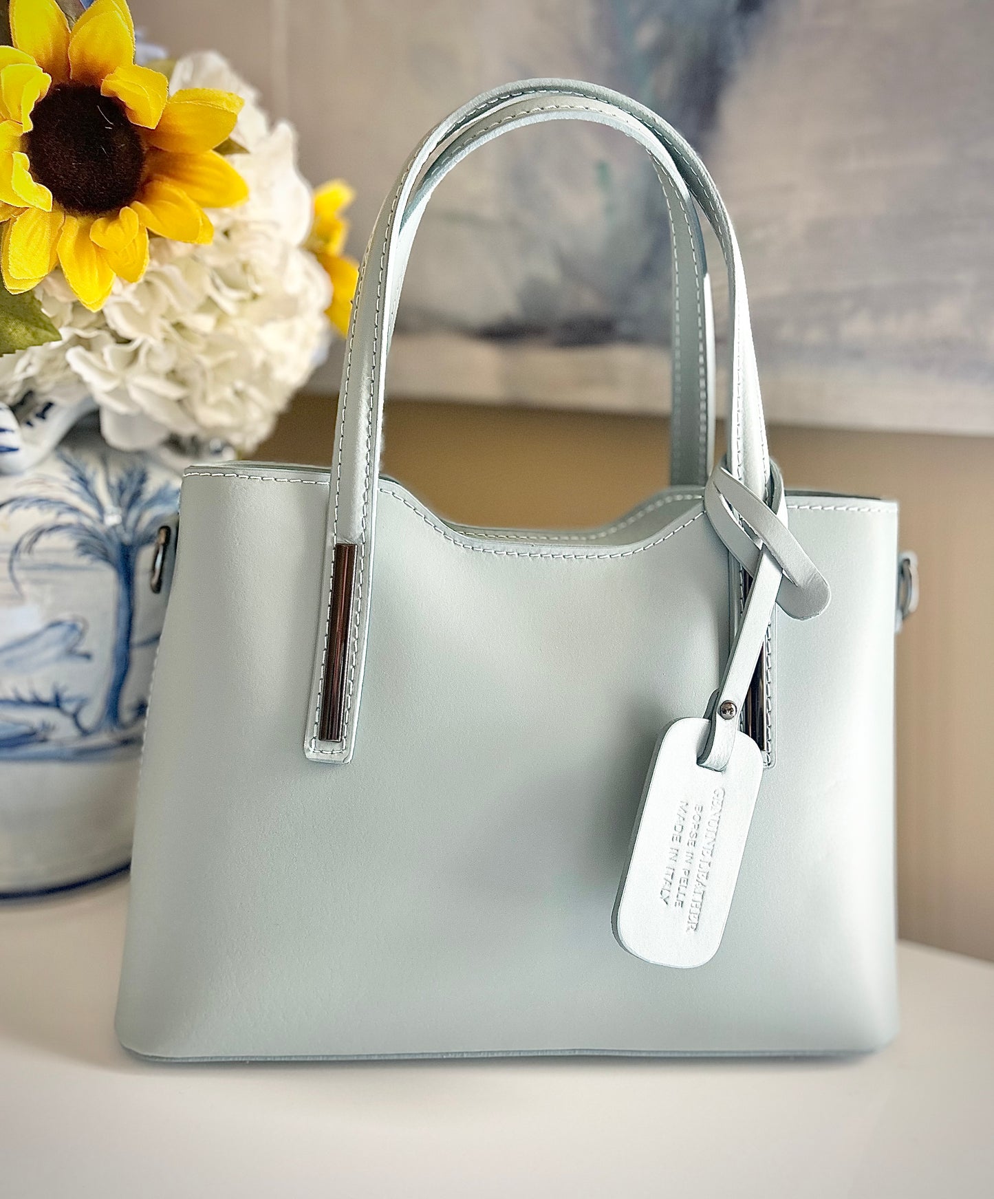 Gemma Ornata Genuine Italian Leather Handbag Made in Florence Italy, Florentine Leather Purse Handmade in Italy, Purse from Florence Leather Market - Powder Blue