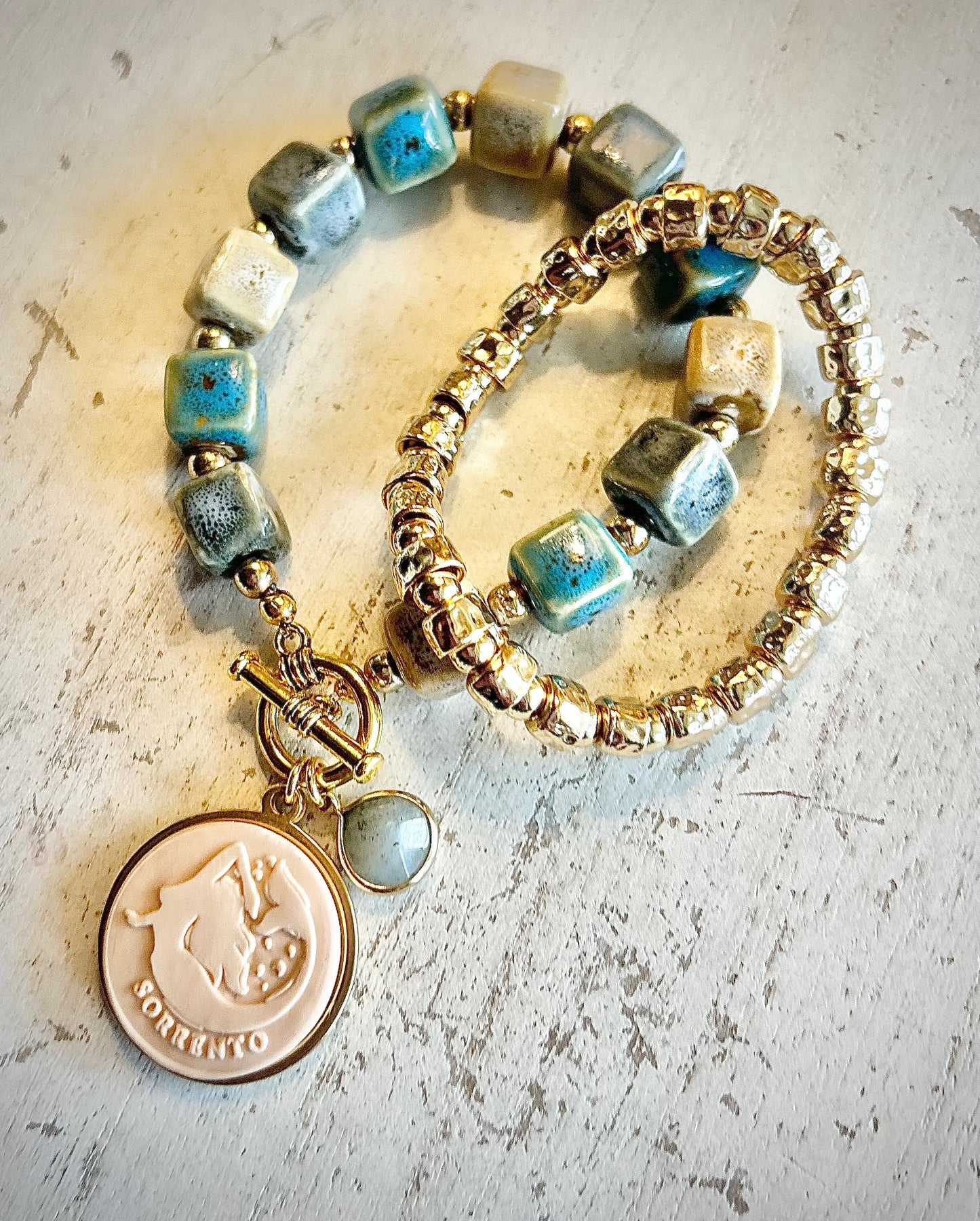 Gemma Ornata Sorrento Mermaid Charm Bracelet Stack - Sand & Stone