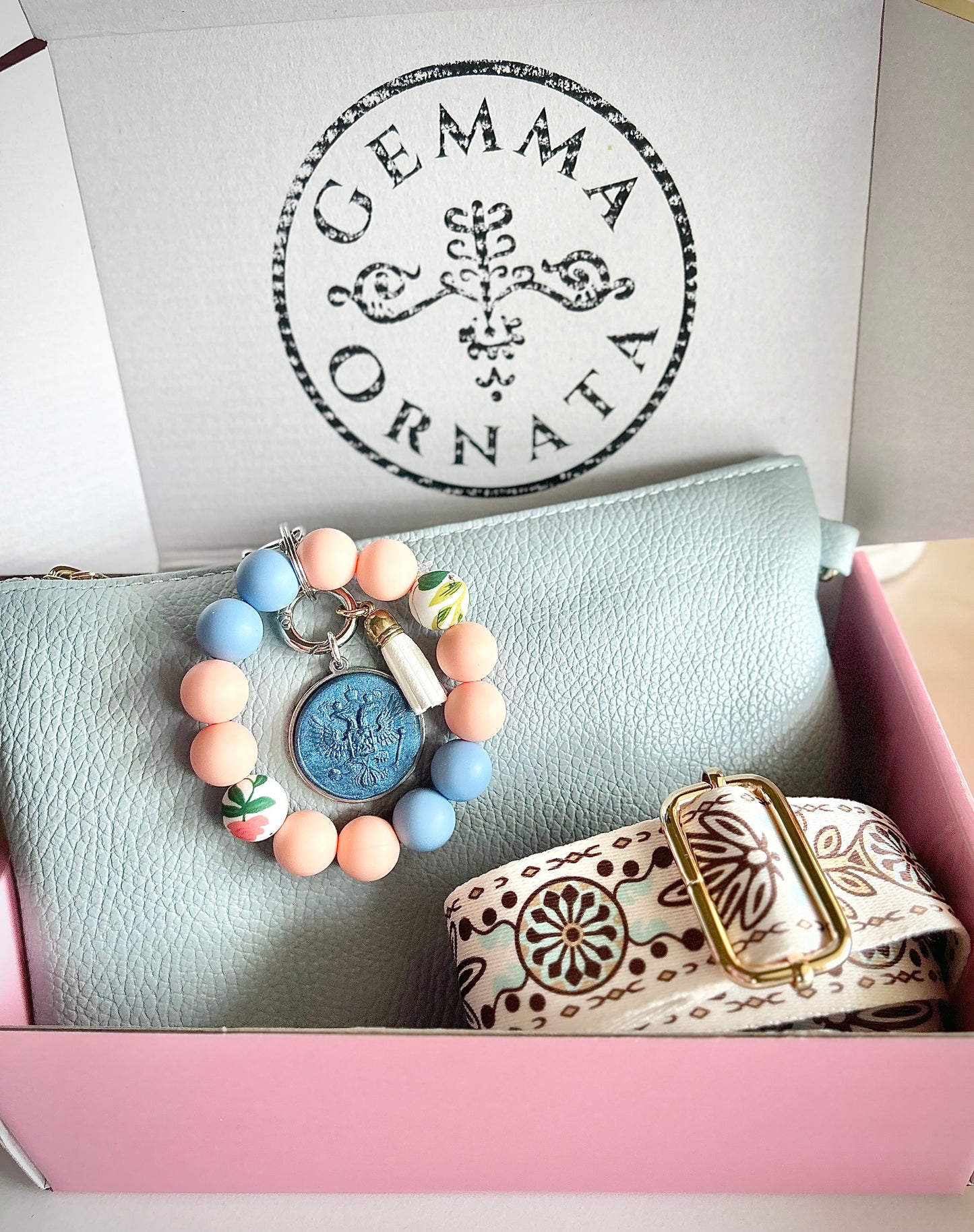 Gemma Ornata Italian Leather Clutch Crossbody Bag Gift Set with Matching Crossbody Strap, Custom Wide Crossbody Strap, & Customizable Beaded Wristlet w/ Gemma Ornata Pendant