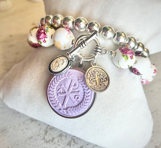 Gemma Ornata Garden of Eden Tree of Life Christian Chi Rho Pendant Charm Bracelet Set - Lavender