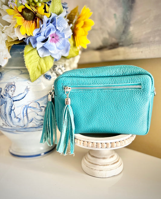 Gemma Ornata Genuine Italian Leather Handbag Made in Florence Italy, Florentine Leather Crossbody Purse Handmade in Italy, Purse from Florence Leather Market - Turquoise