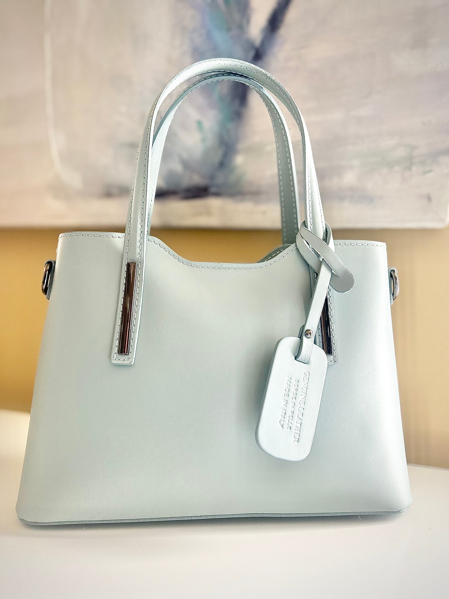 Gemma Ornata Genuine Italian Leather Handbag Made in Florence Italy, Florentine Leather Purse Handmade in Italy, Purse from Florence Leather Market - Powder Blue