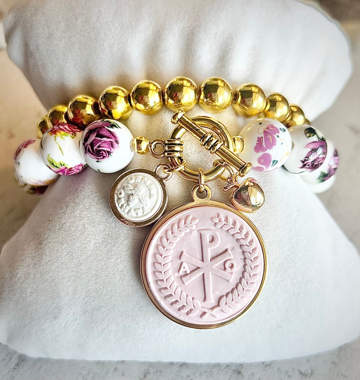 Gemma Ornata Garden of Eden Forbidden Fruit Christian Chi Rho Pendant Charm Bracelet Set - Pink