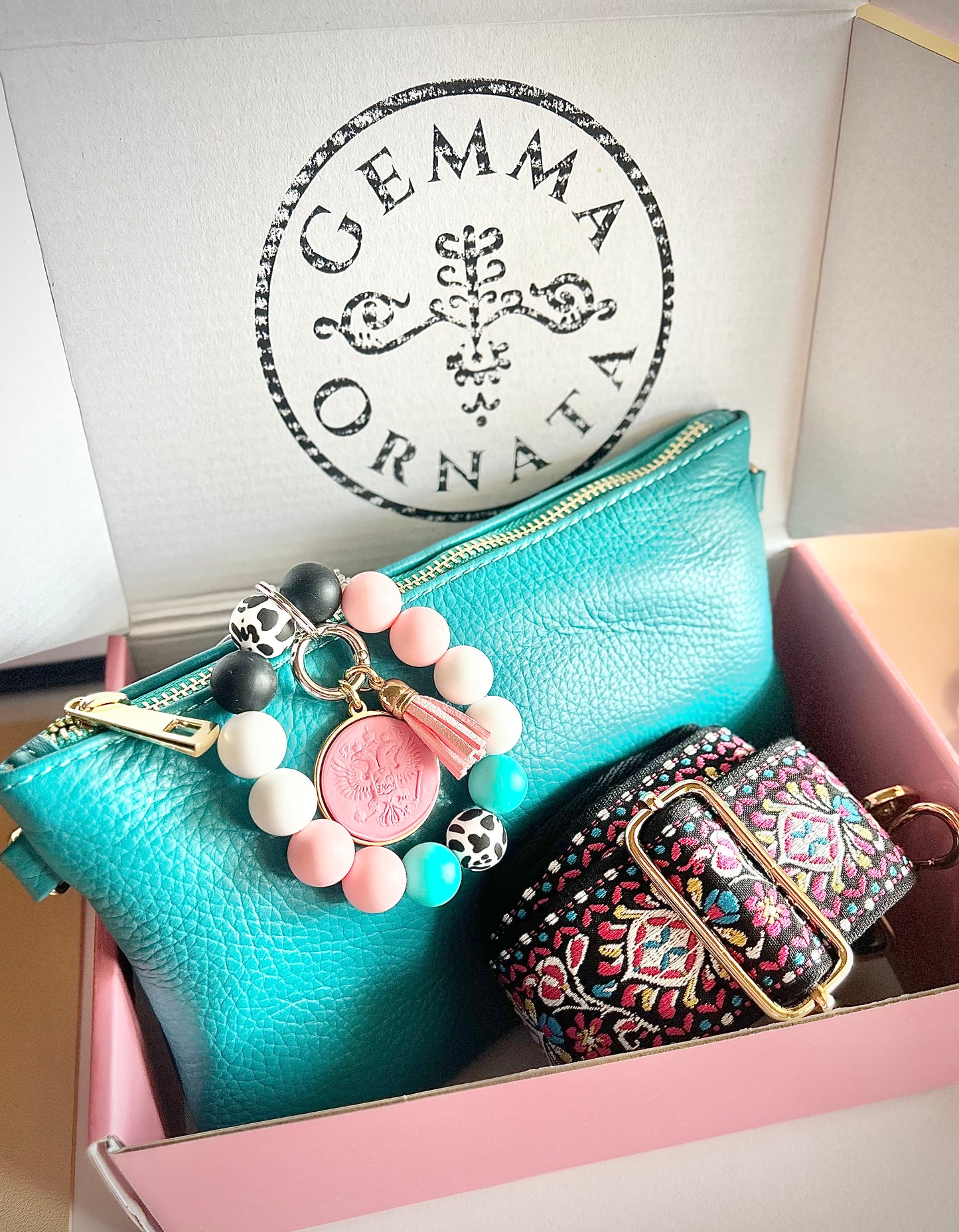 Gemma Ornata Italian Leather Clutch Crossbody Bag Gift Set with Matching Crossbody Strap, Custom Wide Crossbody Strap, & Customizable Beaded Wristlet w/ Gemma Ornata Pendant