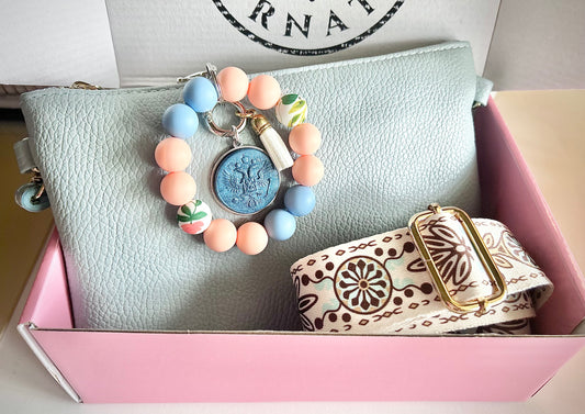 Gemma Ornata Italian Leather Clutch Crossbody Bag Gift Set with Matching Crossbody Strap, Custom Wide Crossbody Strap, & Customizable Beaded Wristlet w/ Gemma Ornata Pendant