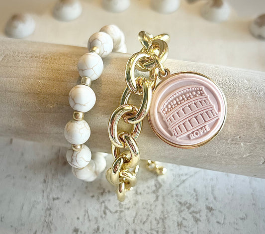 Gemma Ornata Ancient Roman Colosseum Charm Bracelet Stack - Pink