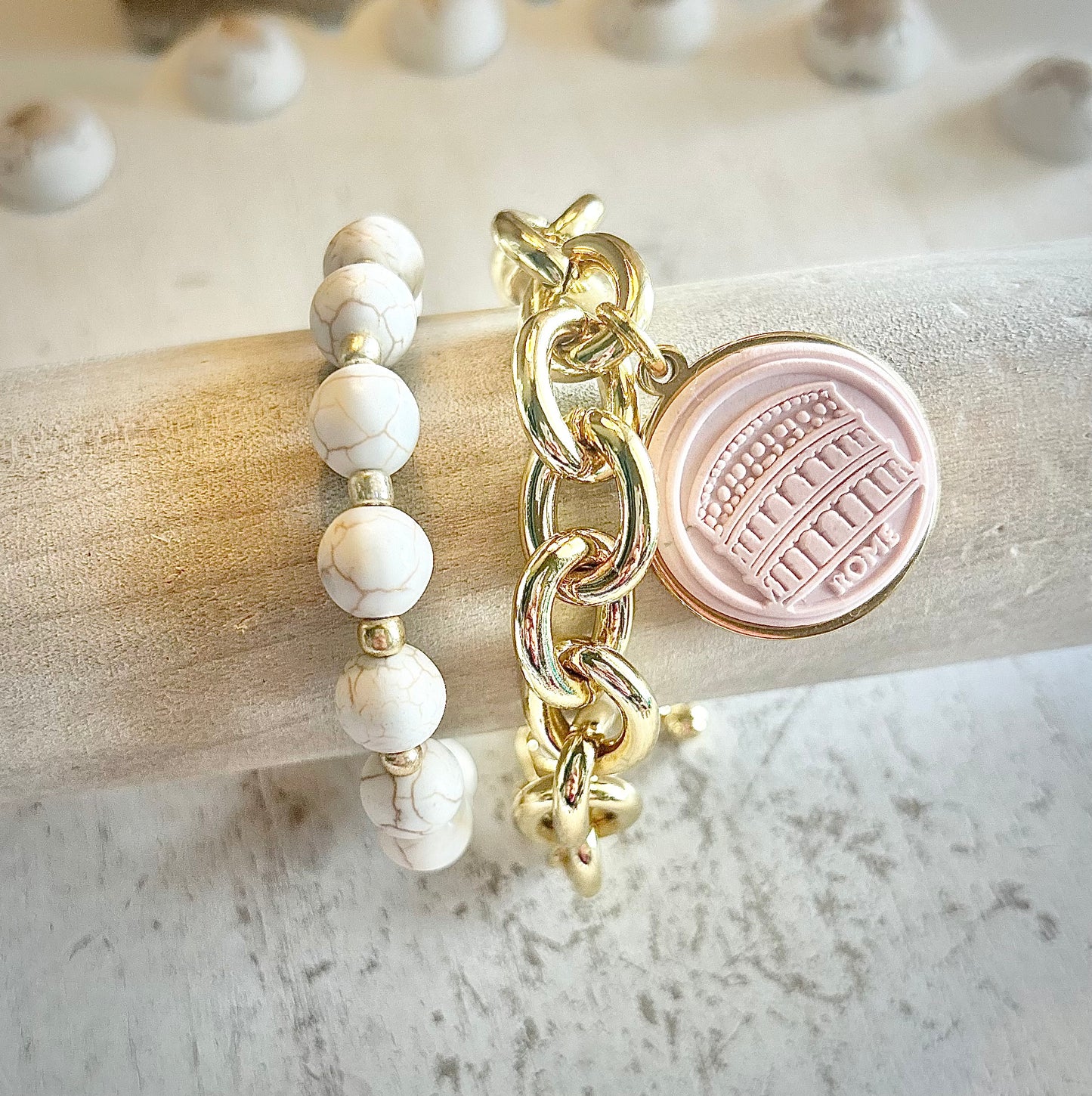 Gemma Ornata Ancient Roman Colosseum Charm Bracelet Stack - Pink