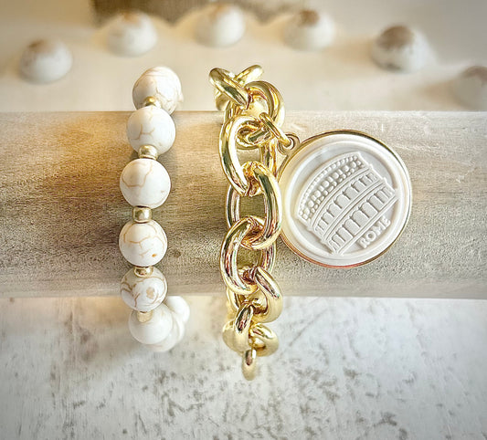 Gemma Ornata Ancient Roman Colosseum Charm Bracelet Stack - Gold & White