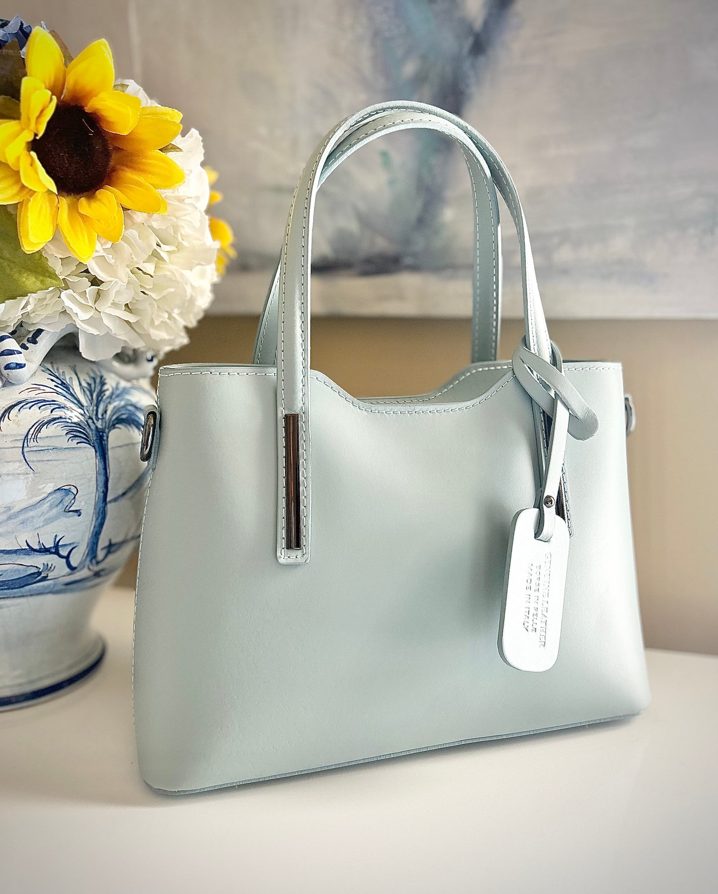 Gemma Ornata Genuine Italian Leather Handbag Made in Florence Italy, Florentine Leather Purse Handmade in Italy, Purse from Florence Leather Market - Powder Blue