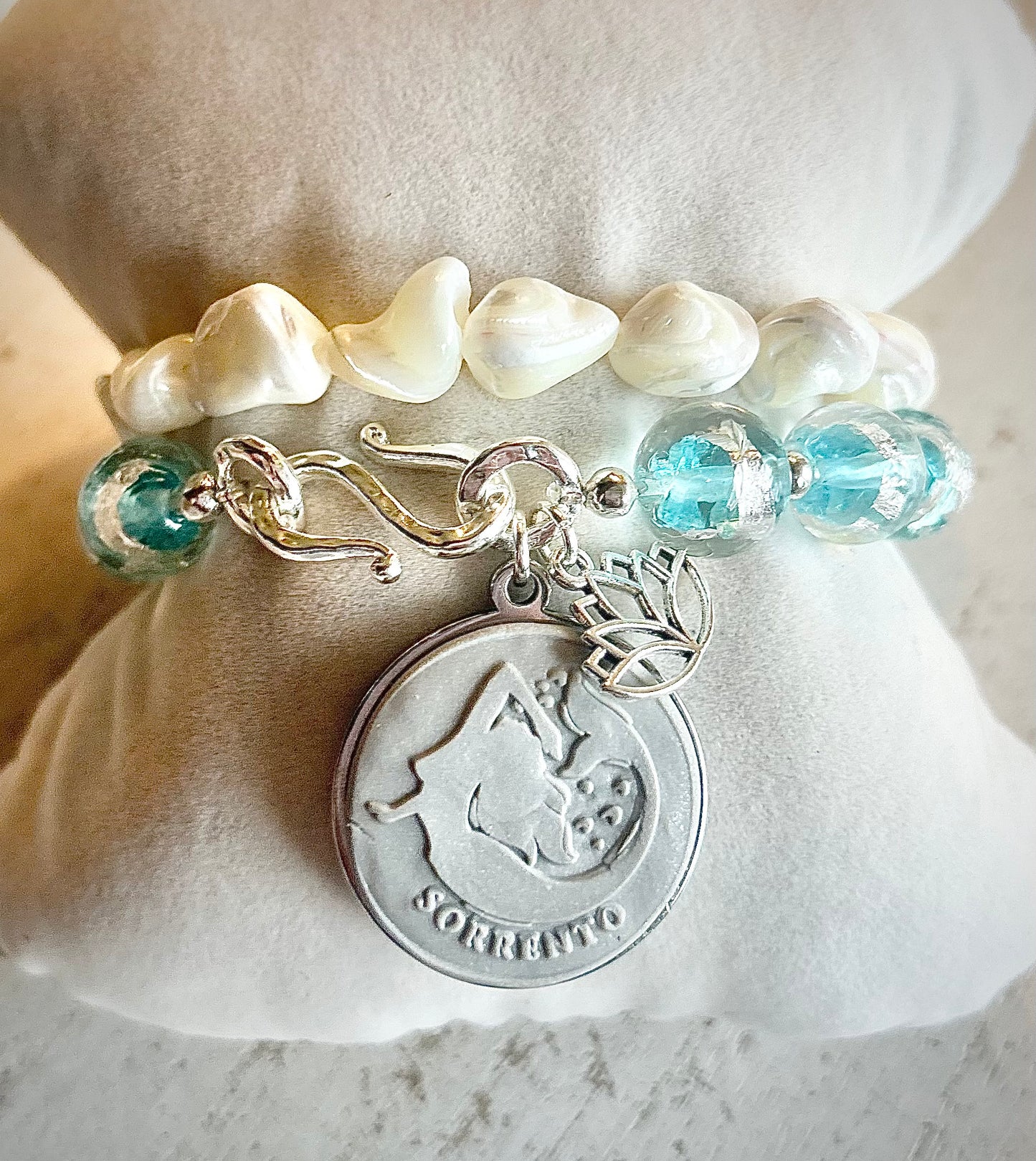 Gemma Ornata Sorrento Mermaid Charm Bracelet Stack - Lampwork Glass Pewter