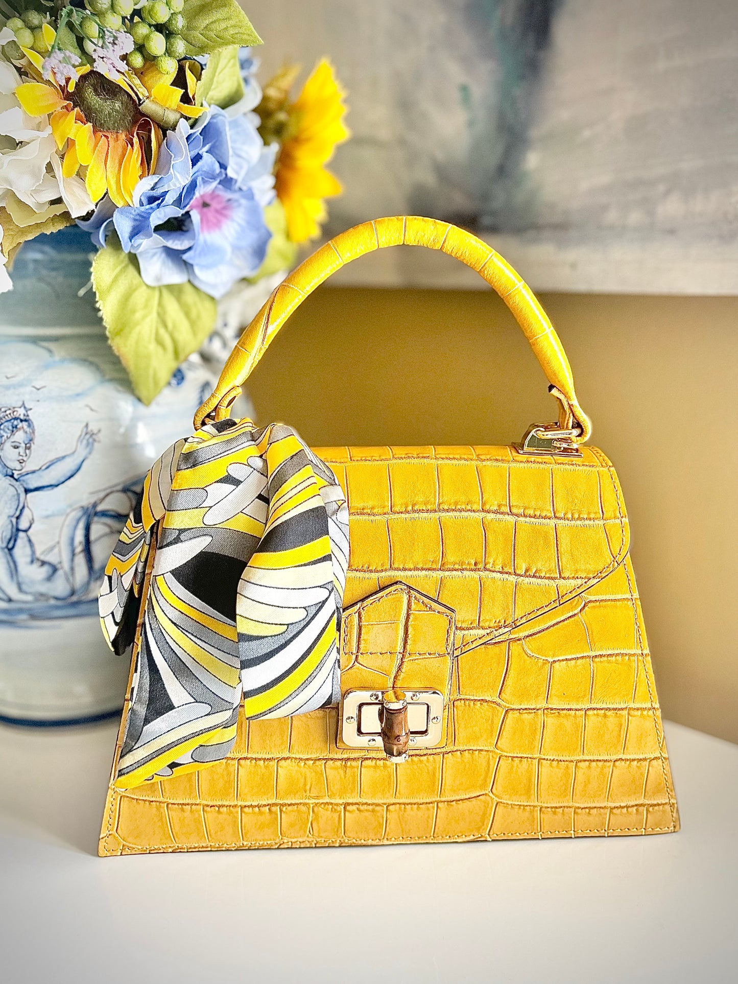 Gemma Ornata Genuine Italian Leather Handbag Made in Florence Italy, Florentine Leather Purse Handmade in Italy, Purse from Florence Leather Market - Yellow