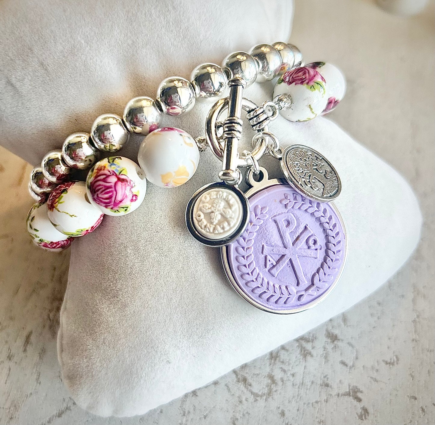 Gemma Ornata Garden of Eden Tree of Life Christian Chi Rho Pendant Charm Bracelet Set - Lavender