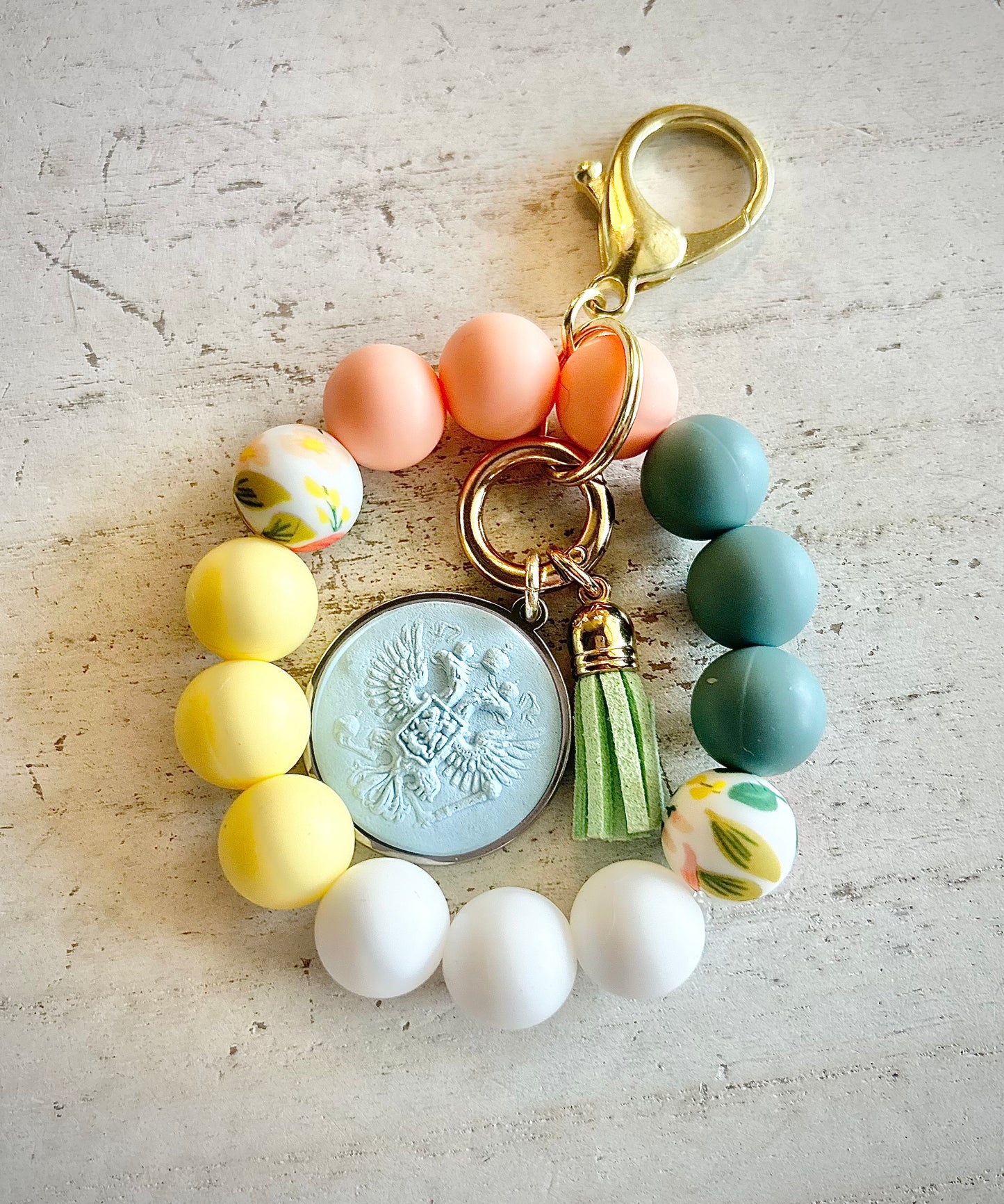 Beaded Keychain Wristlet with Your Choice of Gemma Ornata Pendant and Accent Charm with Hinge Clasp for Custom Interchangeable Charms