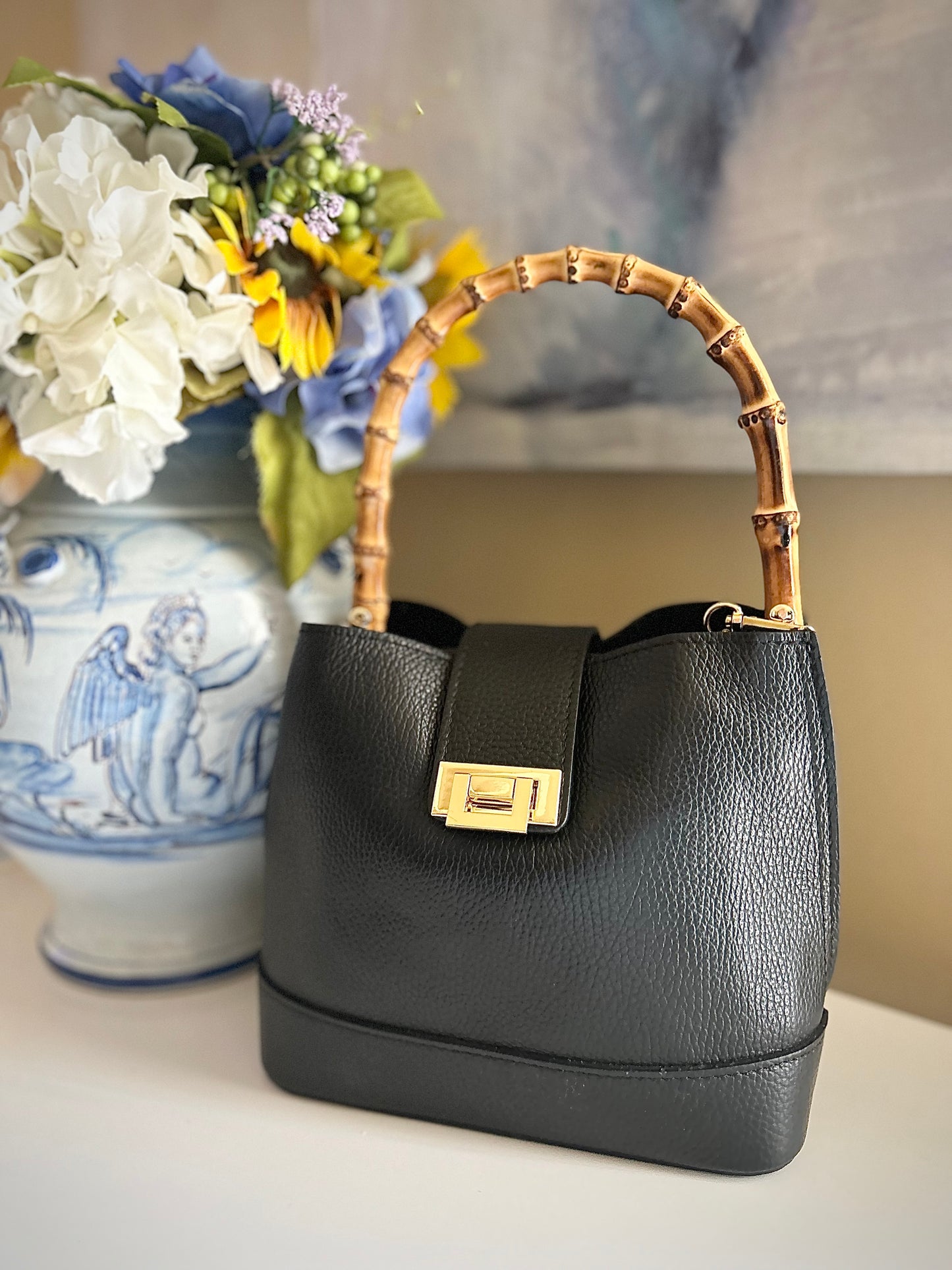 Gemma Ornata Genuine Italian Leather Handbag Made in Florence Italy, Florentine Leather Purse Handmade in Italy, Purse from Florence Leather Market - Black