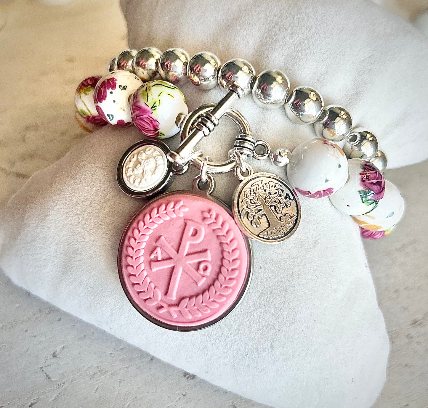 Gemma Ornata Garden of Eden Tree of Life Christian Chi Rho Pendant Charm Bracelet Set - Rose