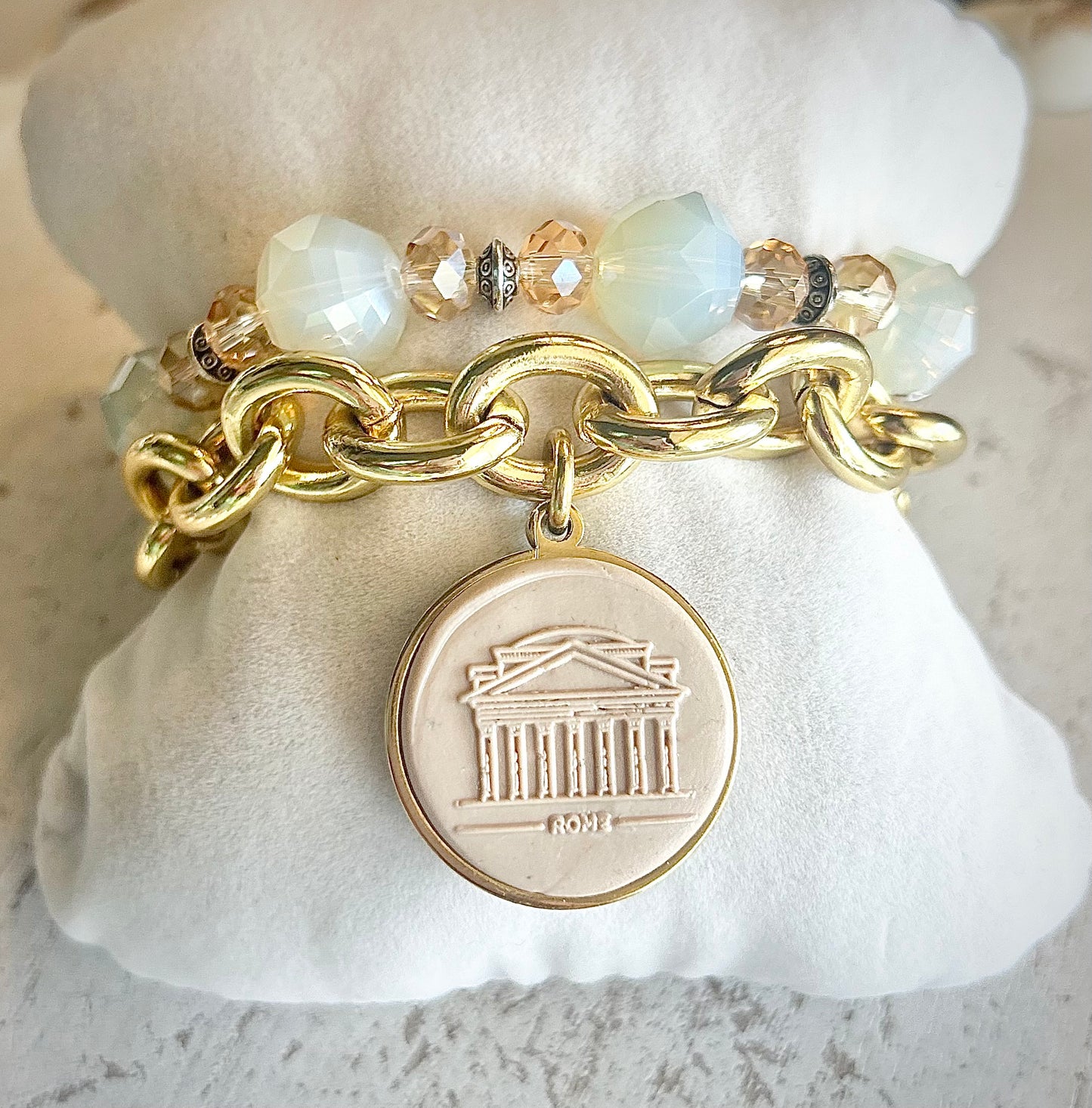 Gemma Ornata Ancient Roman Pantheon Charm Bracelet Stack - Beige & Gold