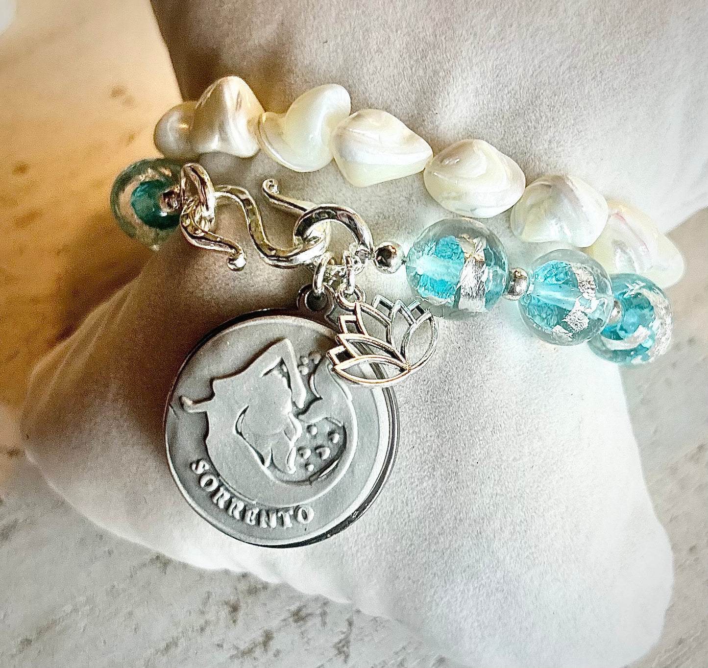 Gemma Ornata Sorrento Mermaid Charm Bracelet Stack - Lampwork Glass Pewter