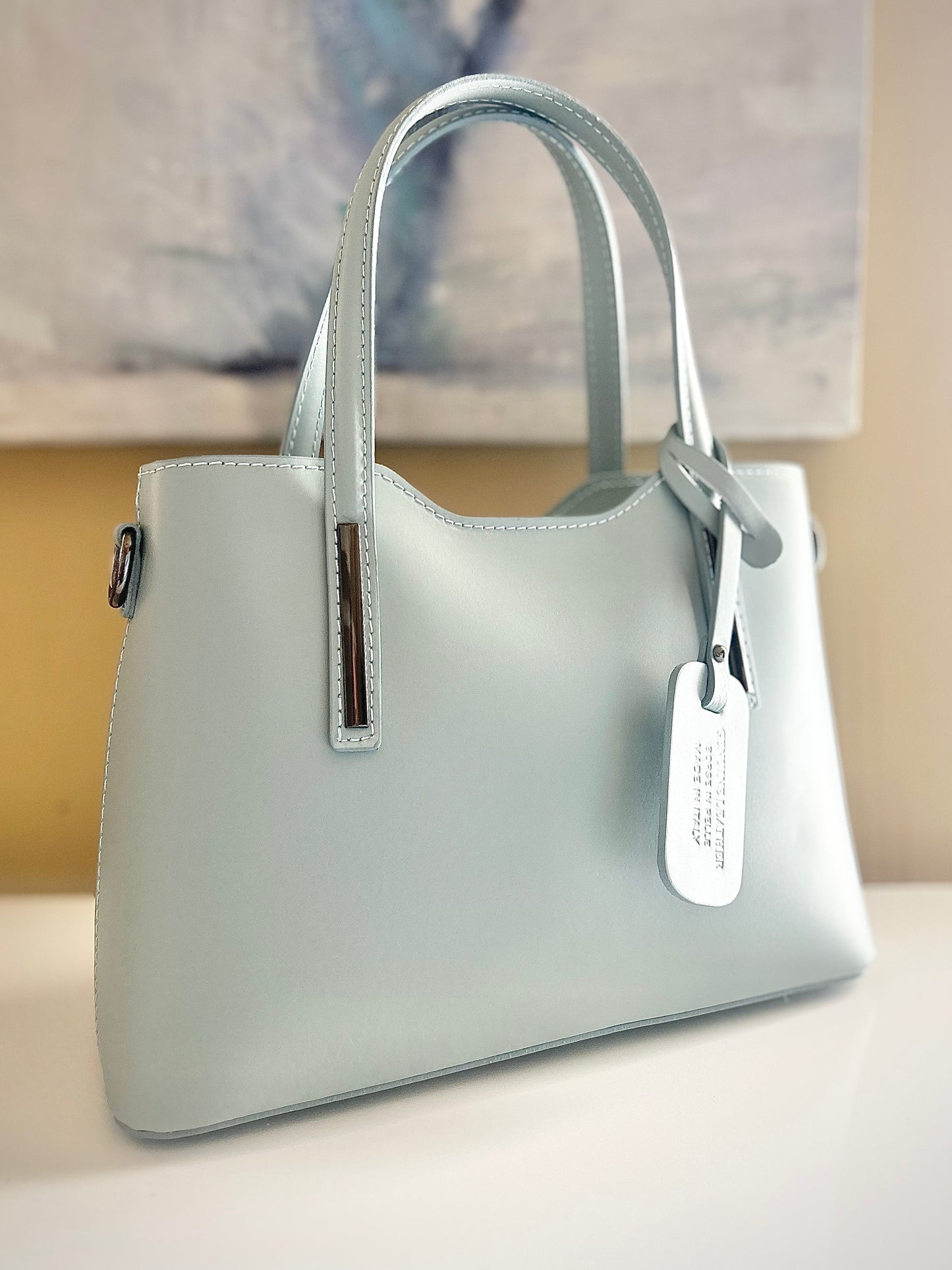 Gemma Ornata Genuine Italian Leather Handbag Made in Florence Italy, Florentine Leather Purse Handmade in Italy, Purse from Florence Leather Market - Powder Blue