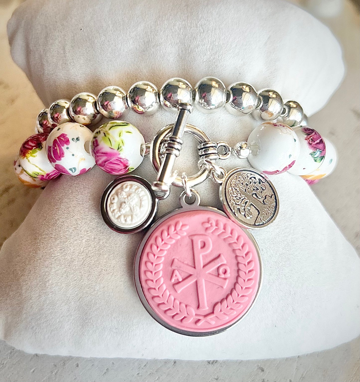 Gemma Ornata Garden of Eden Tree of Life Christian Chi Rho Pendant Charm Bracelet Set - Rose