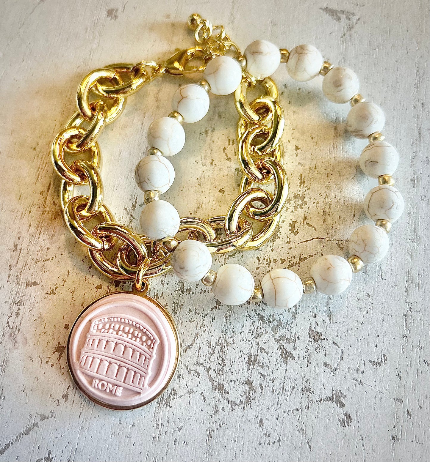 Gemma Ornata Ancient Roman Colosseum Charm Bracelet Stack - Pink