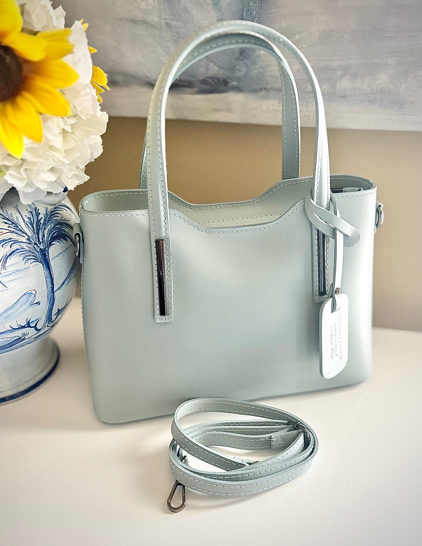 Gemma Ornata Genuine Italian Leather Handbag Made in Florence Italy, Florentine Leather Purse Handmade in Italy, Purse from Florence Leather Market - Powder Blue