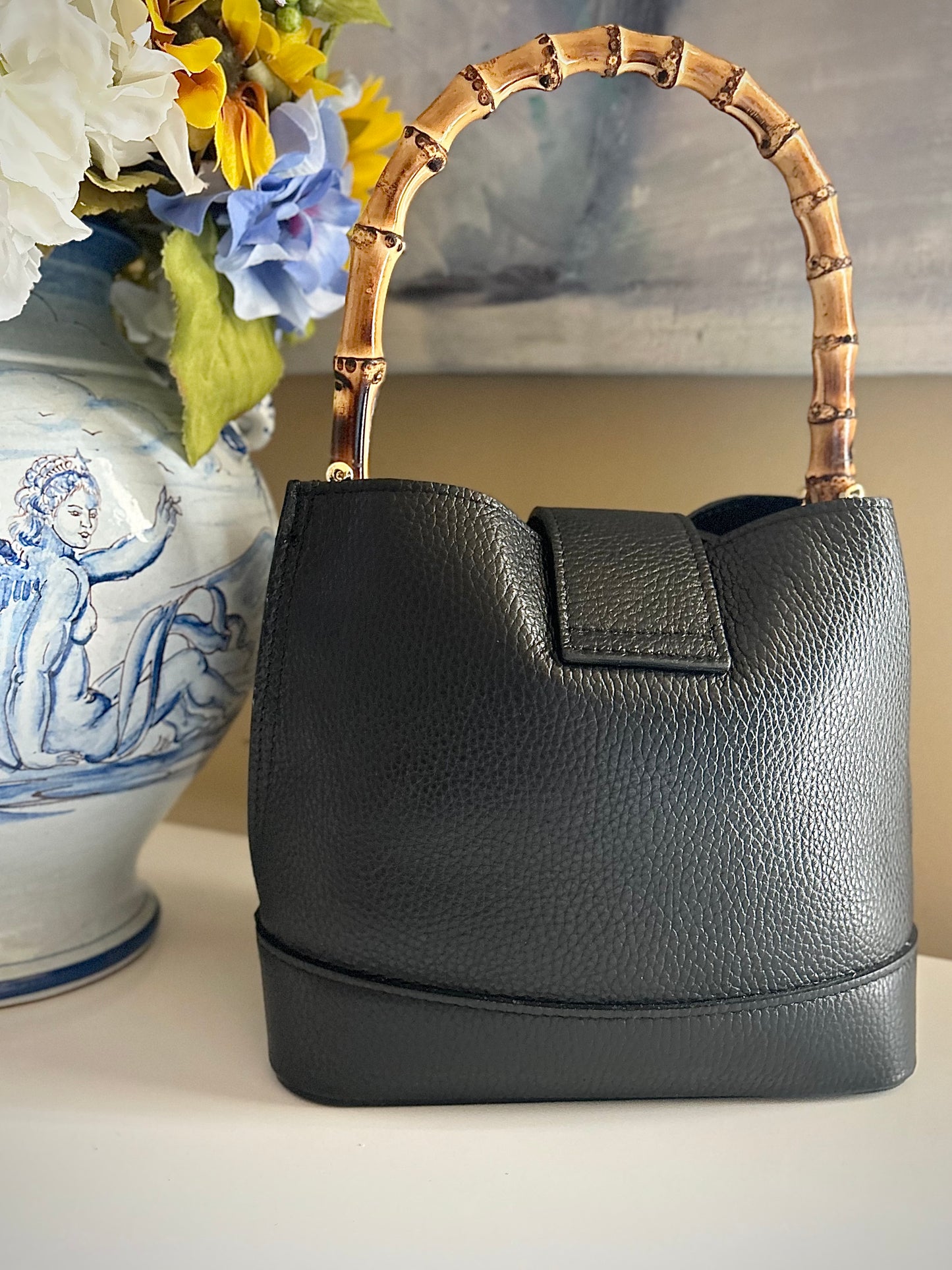 Gemma Ornata Genuine Italian Leather Handbag Made in Florence Italy, Florentine Leather Purse Handmade in Italy, Purse from Florence Leather Market - Black