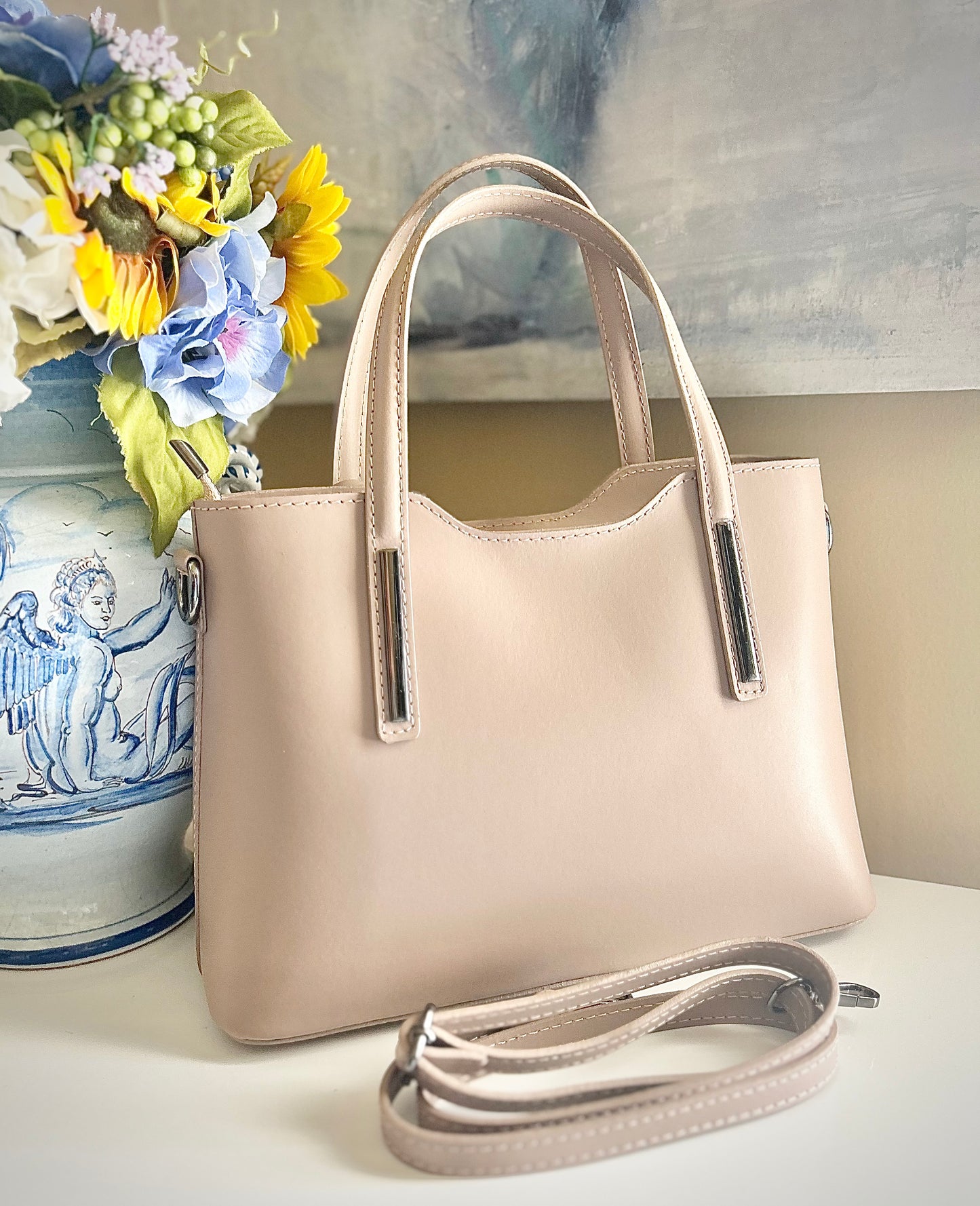 Gemma Ornata Genuine Italian Leather Handbag Made in Florence Italy, Florentine Leather Purse Handmade in Italy, Purse from Florence Leather Market - Taupe