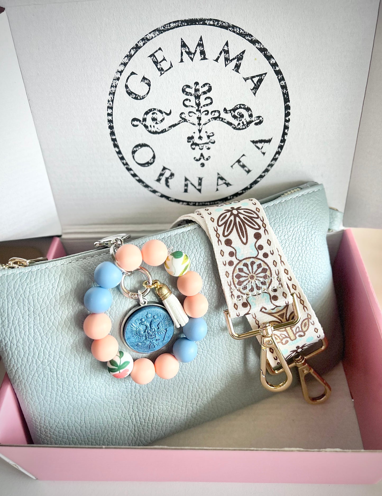 Gemma Ornata Italian Leather Clutch Crossbody Bag Gift Set with Matching Crossbody Strap, Custom Wide Crossbody Strap, & Customizable Beaded Wristlet w/ Gemma Ornata Pendant