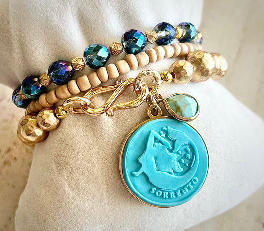 Gemma Ornata Sorrento Mermaid Charm Bracelet Stack - Dark Turquoise & Rose Gold