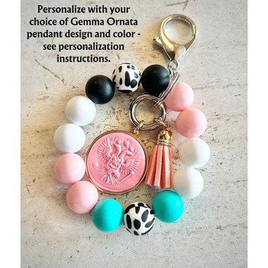 Beaded Keychain Wristlet with Your Choice of Gemma Ornata Pendant and Accent Charm with Hinge Clasp for Custom Interchangeable Charms