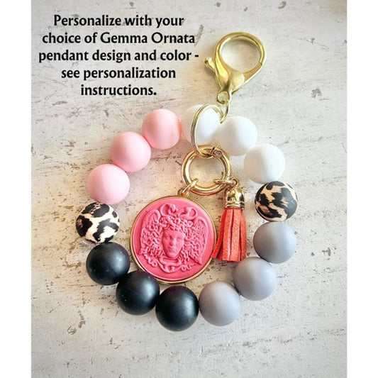 Beaded Keychain Wristlet with Your Choice of Gemma Ornata Pendant and Accent Charm with Hinge Clasp for Custom Interchangeable Charms