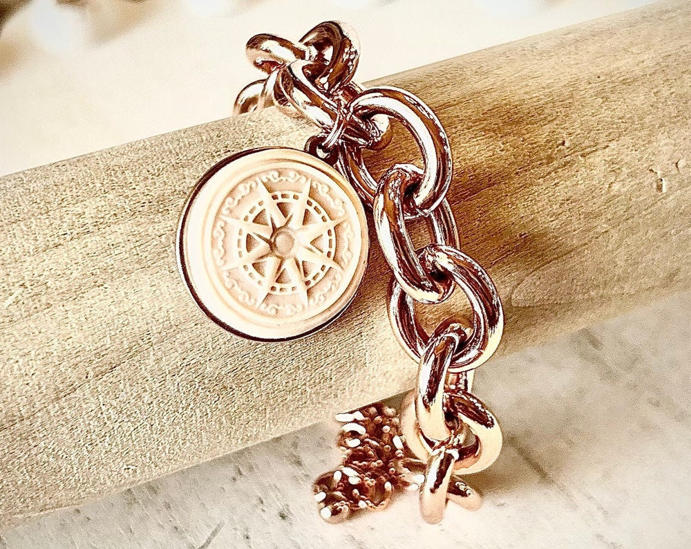 Gemma Ornata Rose Gold Chunky Chain Bracelet w Custom Handmade Compass Charm